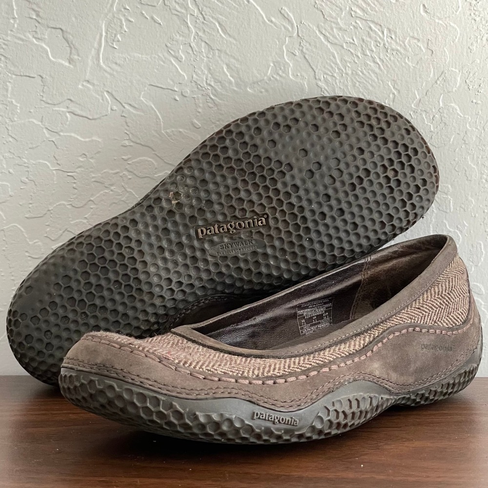 Patagonia Skywalk Flats Womens 7.5 Brown Wool/Leather Herringbone Slip-Ons